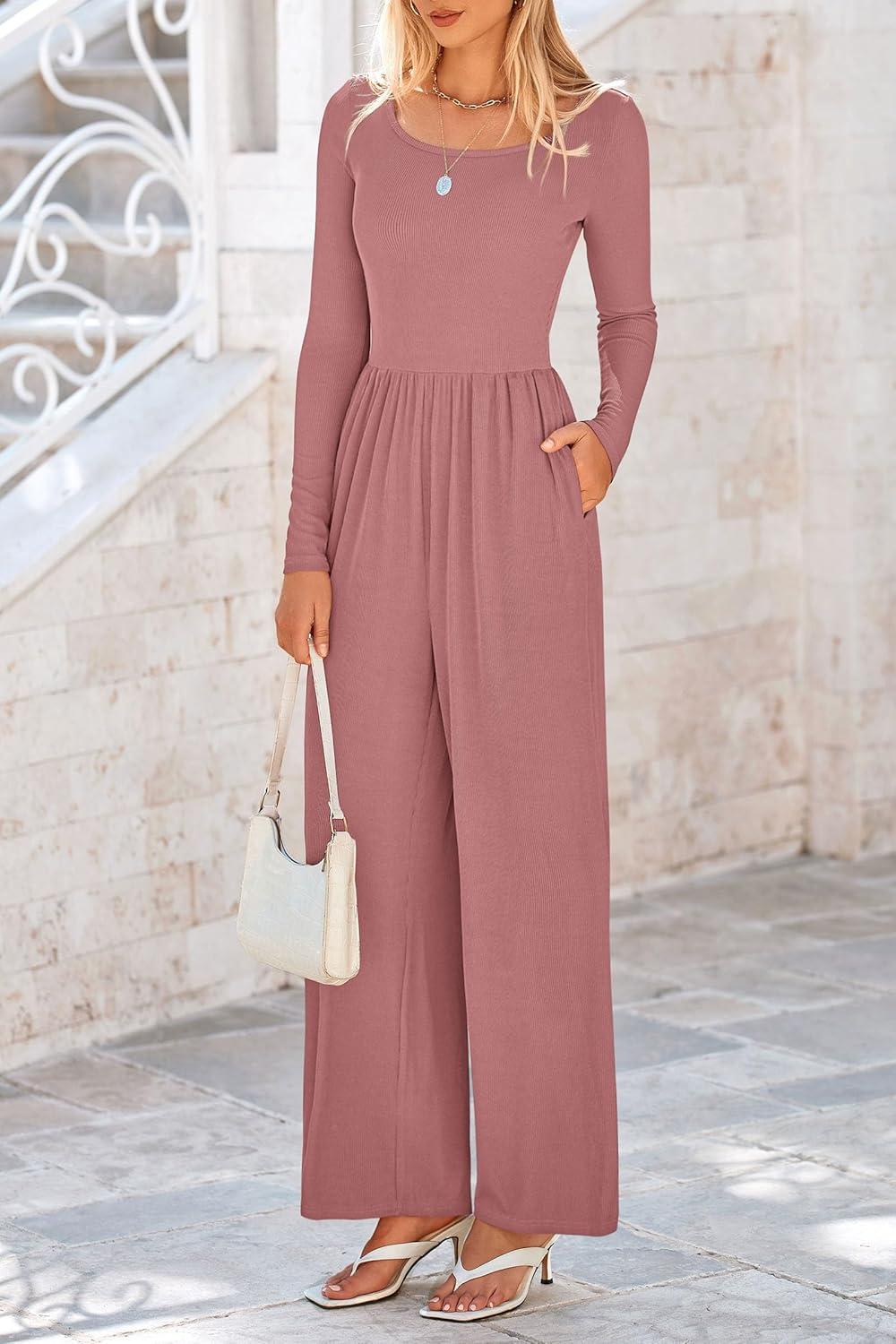 imagePRETTYGARDEN Womens Jumpsuits Dressy Casual Fall Fashion 2025 Trendy Long Sleeve Wide Leg Rompers Spring Work Office OutfitsDusty Pink