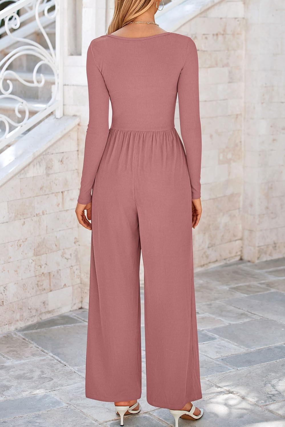 imagePRETTYGARDEN Womens Jumpsuits Dressy Casual Fall Fashion 2025 Trendy Long Sleeve Wide Leg Rompers Spring Work Office OutfitsDusty Pink