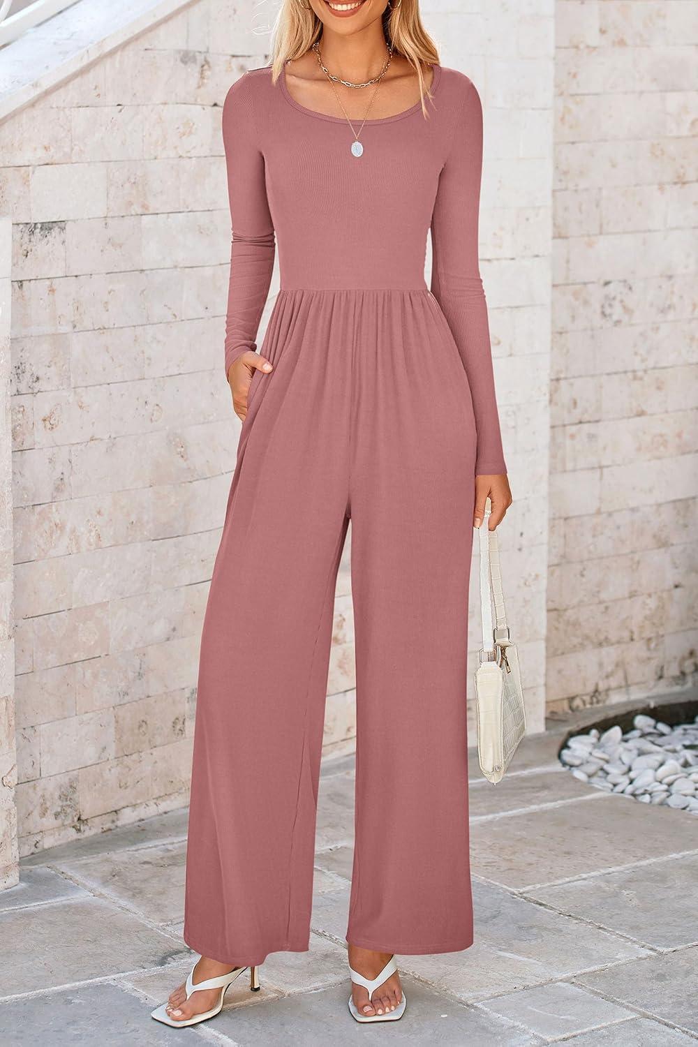 imagePRETTYGARDEN Womens Jumpsuits Dressy Casual Fall Fashion 2025 Trendy Long Sleeve Wide Leg Rompers Spring Work Office OutfitsDusty Pink