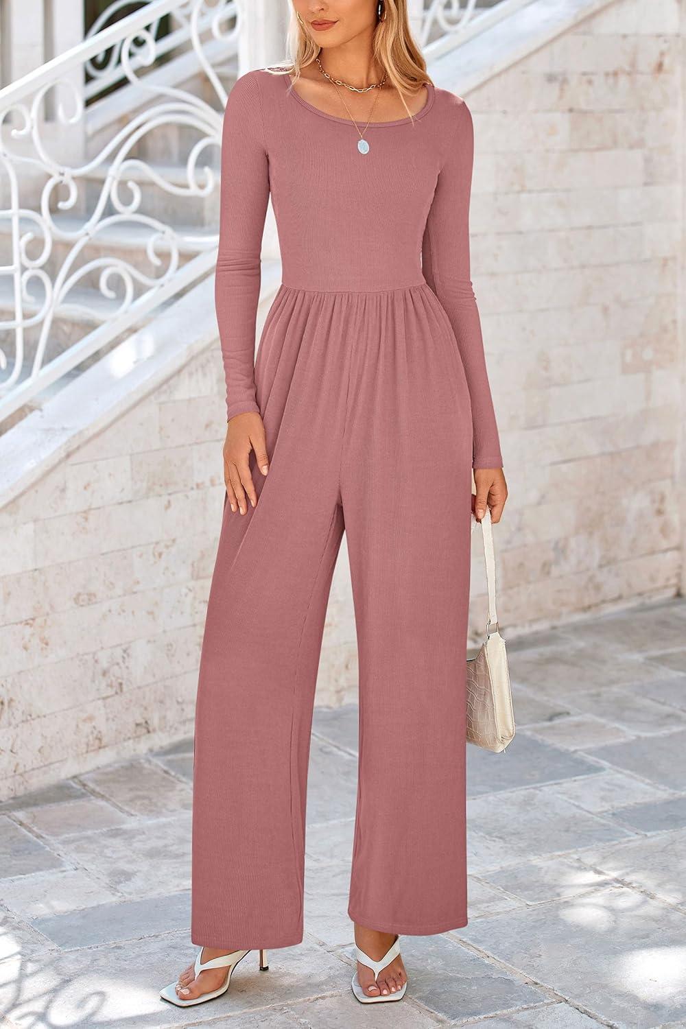 imagePRETTYGARDEN Womens Jumpsuits Dressy Casual Fall Fashion 2025 Trendy Long Sleeve Wide Leg Rompers Spring Work Office OutfitsDusty Pink