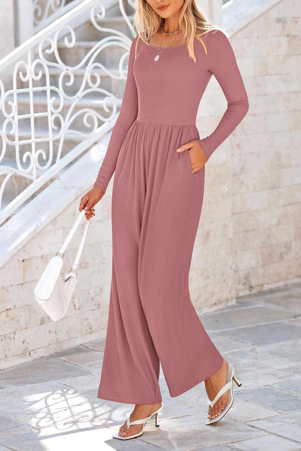 imagePRETTYGARDEN Womens Jumpsuits Dressy Casual Fall Fashion 2025 Trendy Long Sleeve Wide Leg Rompers Spring Work Office OutfitsDusty Pink