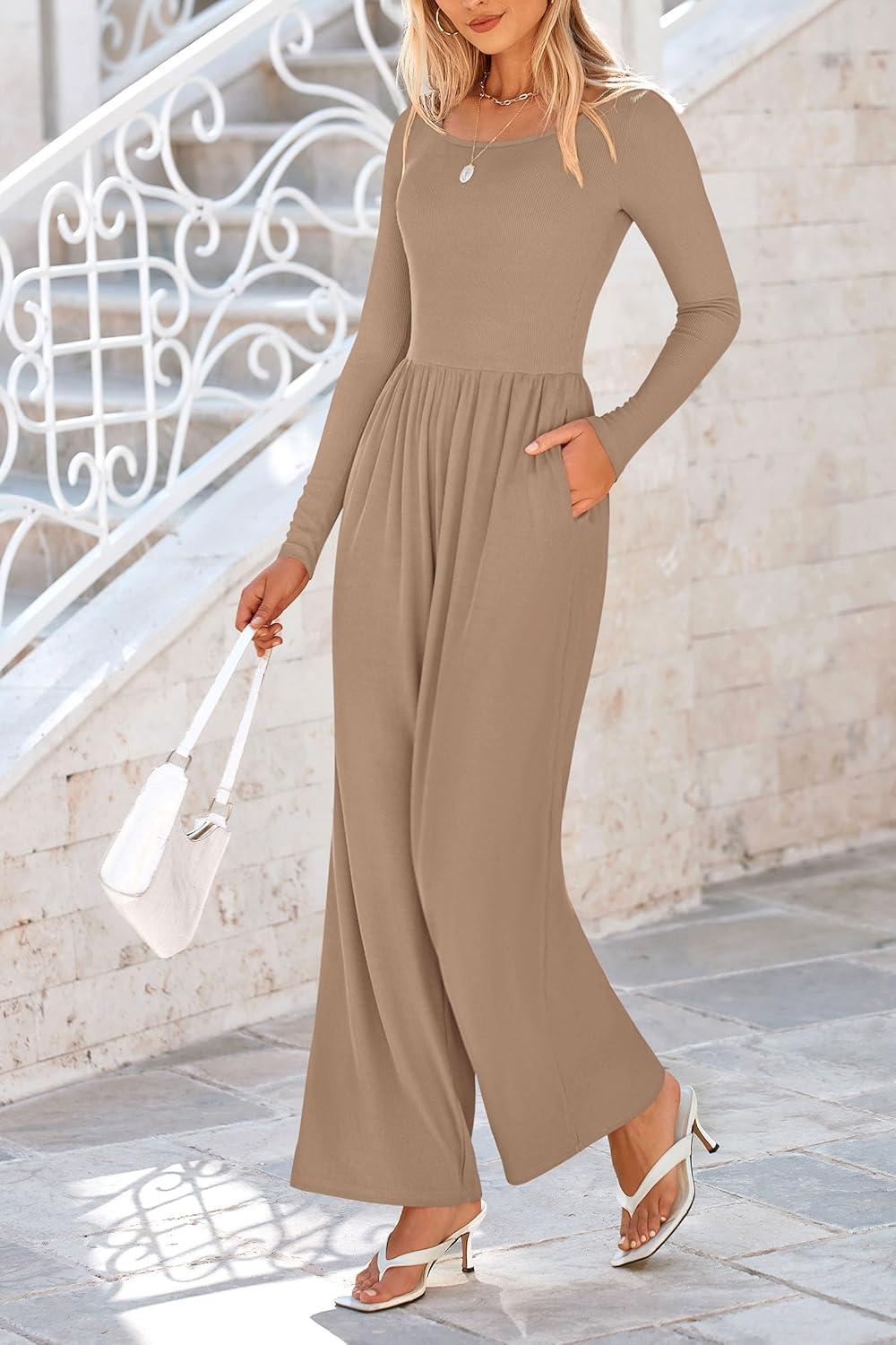 imagePRETTYGARDEN Womens Jumpsuits Dressy Casual Fall Fashion 2025 Trendy Long Sleeve Wide Leg Rompers Spring Work Office OutfitsKhaki