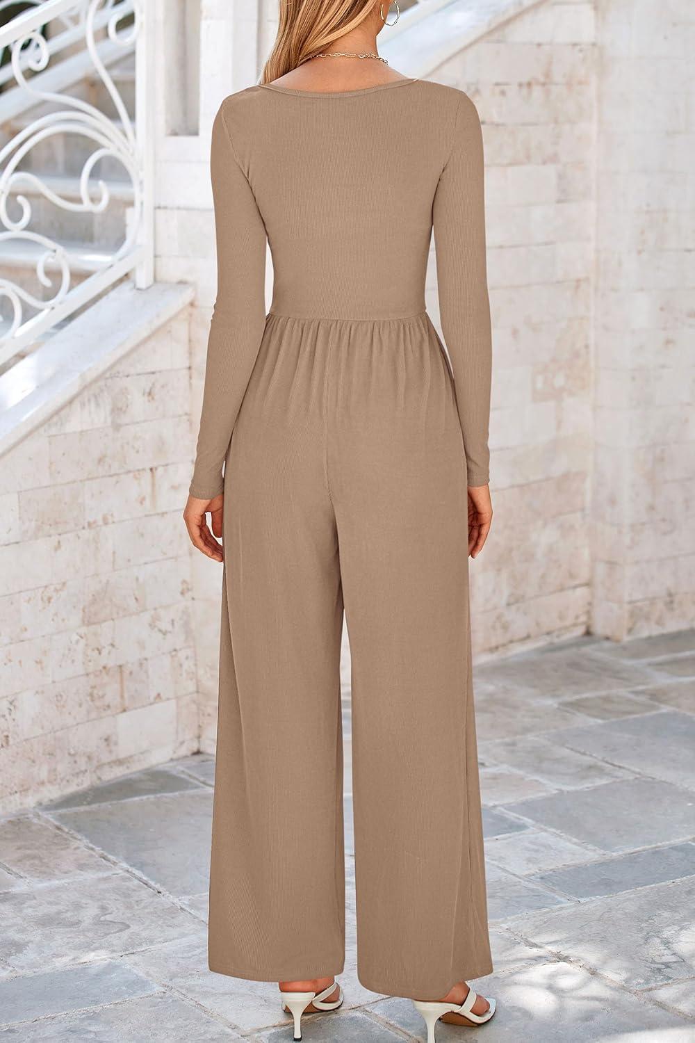 imagePRETTYGARDEN Womens Jumpsuits Dressy Casual Fall Fashion 2025 Trendy Long Sleeve Wide Leg Rompers Spring Work Office OutfitsKhaki