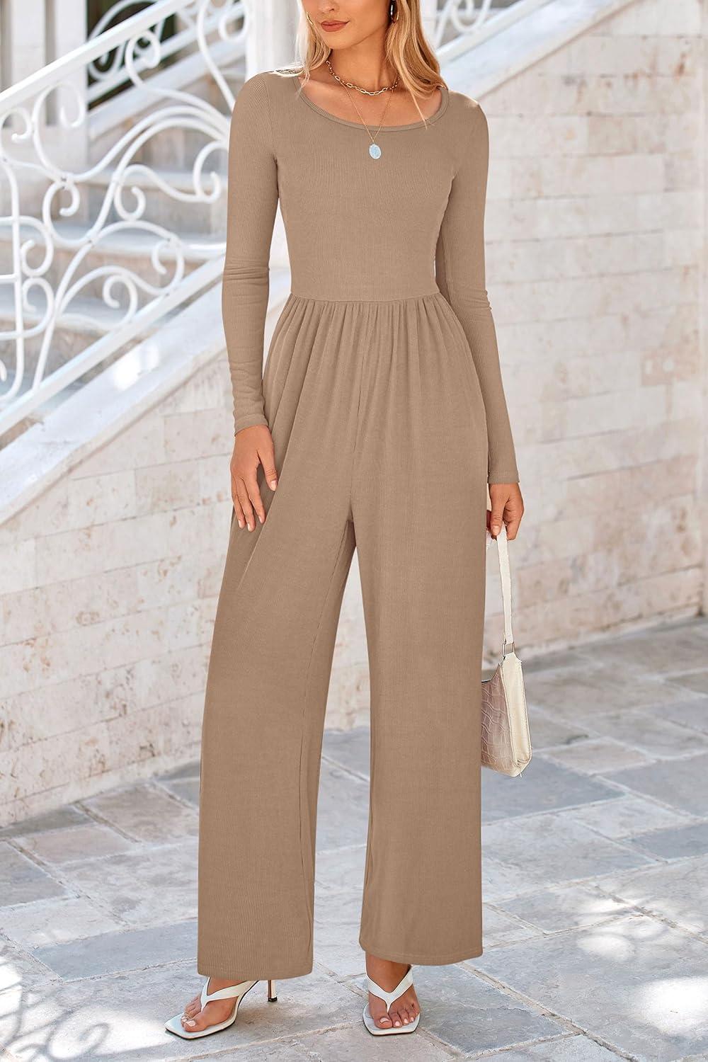 imagePRETTYGARDEN Womens Jumpsuits Dressy Casual Fall Fashion 2025 Trendy Long Sleeve Wide Leg Rompers Spring Work Office OutfitsKhaki