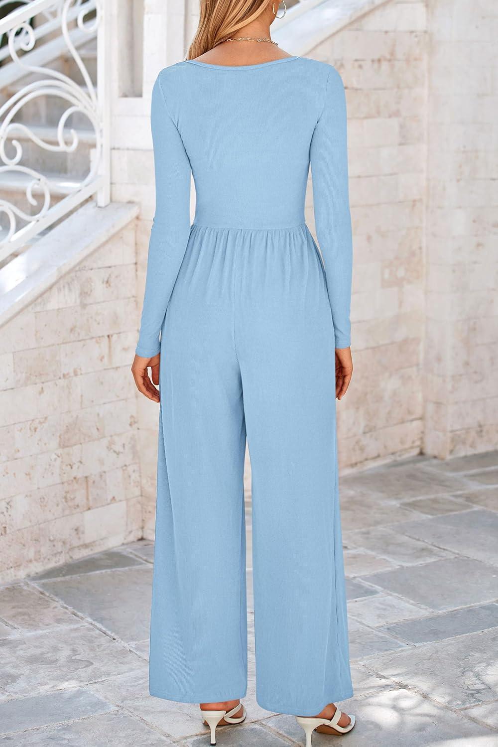 imagePRETTYGARDEN Womens Jumpsuits Dressy Casual Fall Fashion 2025 Trendy Long Sleeve Wide Leg Rompers Spring Work Office OutfitsLight Blue