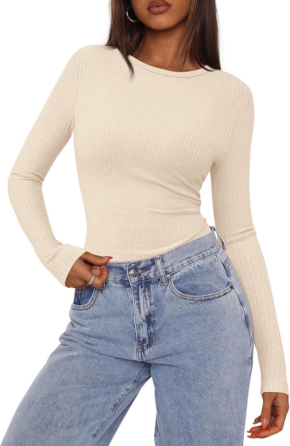 imagePRETTYGARDEN Womens Long Sleeve Shirts 2025 Ribbed Knit Slim Fitted Basic Tee Casual Going Out Tops Underscrubs Fall ClothingBeige