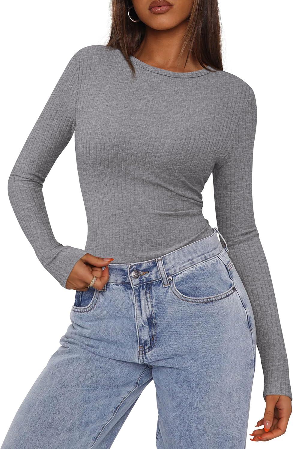imagePRETTYGARDEN Womens Long Sleeve Shirts 2025 Ribbed Knit Slim Fitted Basic Tee Casual Going Out Tops Underscrubs Fall ClothingGrey