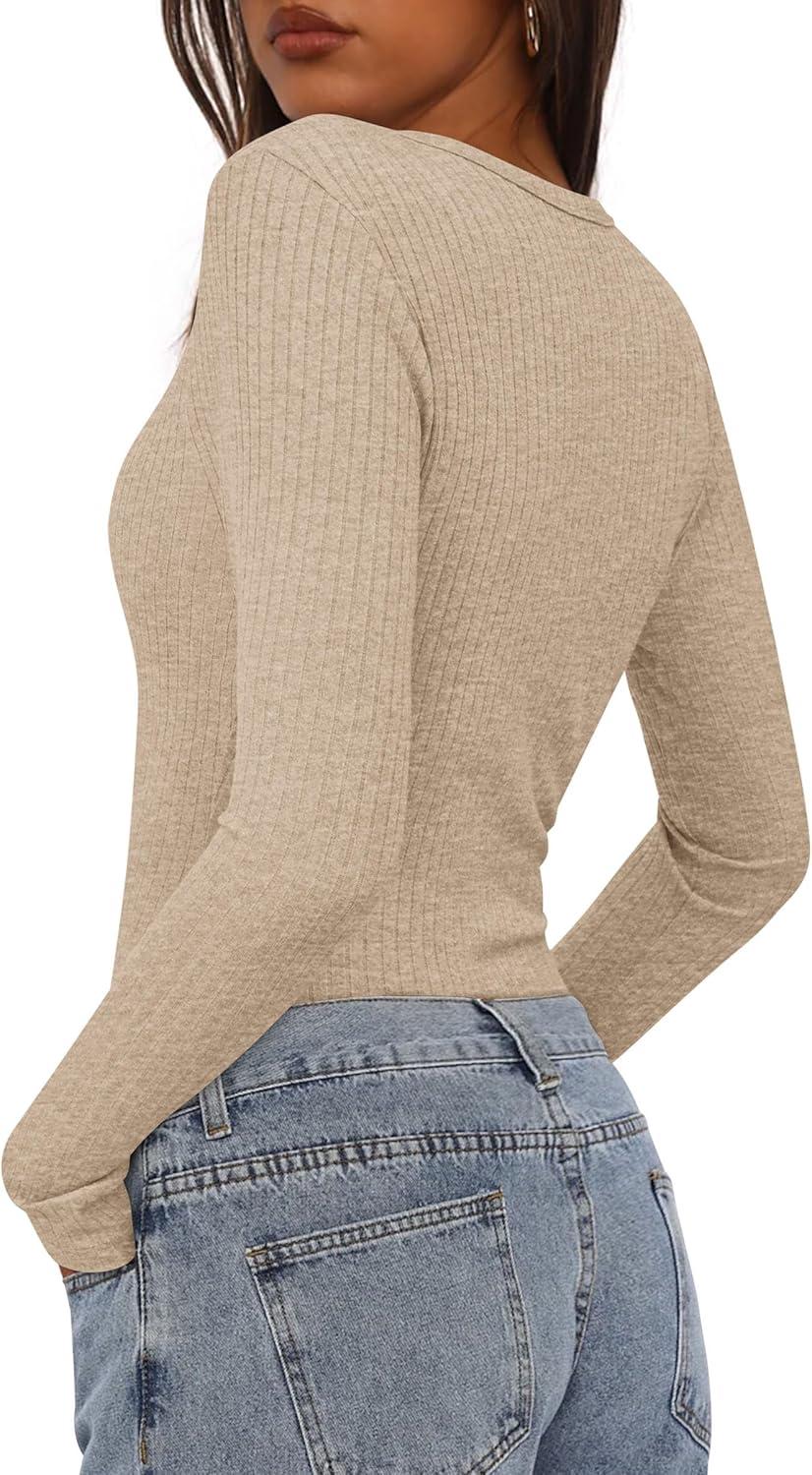 imagePRETTYGARDEN Womens Long Sleeve Shirts 2025 Ribbed Knit Slim Fitted Basic Tee Casual Going Out Tops Underscrubs Fall ClothingKhaki