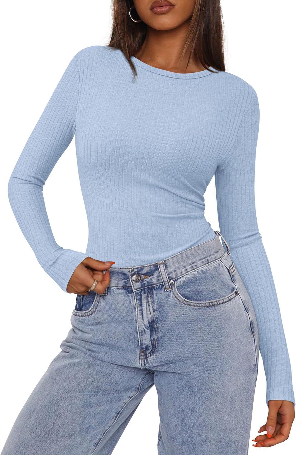 imagePRETTYGARDEN Womens Long Sleeve Shirts 2025 Ribbed Knit Slim Fitted Basic Tee Casual Going Out Tops Underscrubs Fall ClothingLight Blue