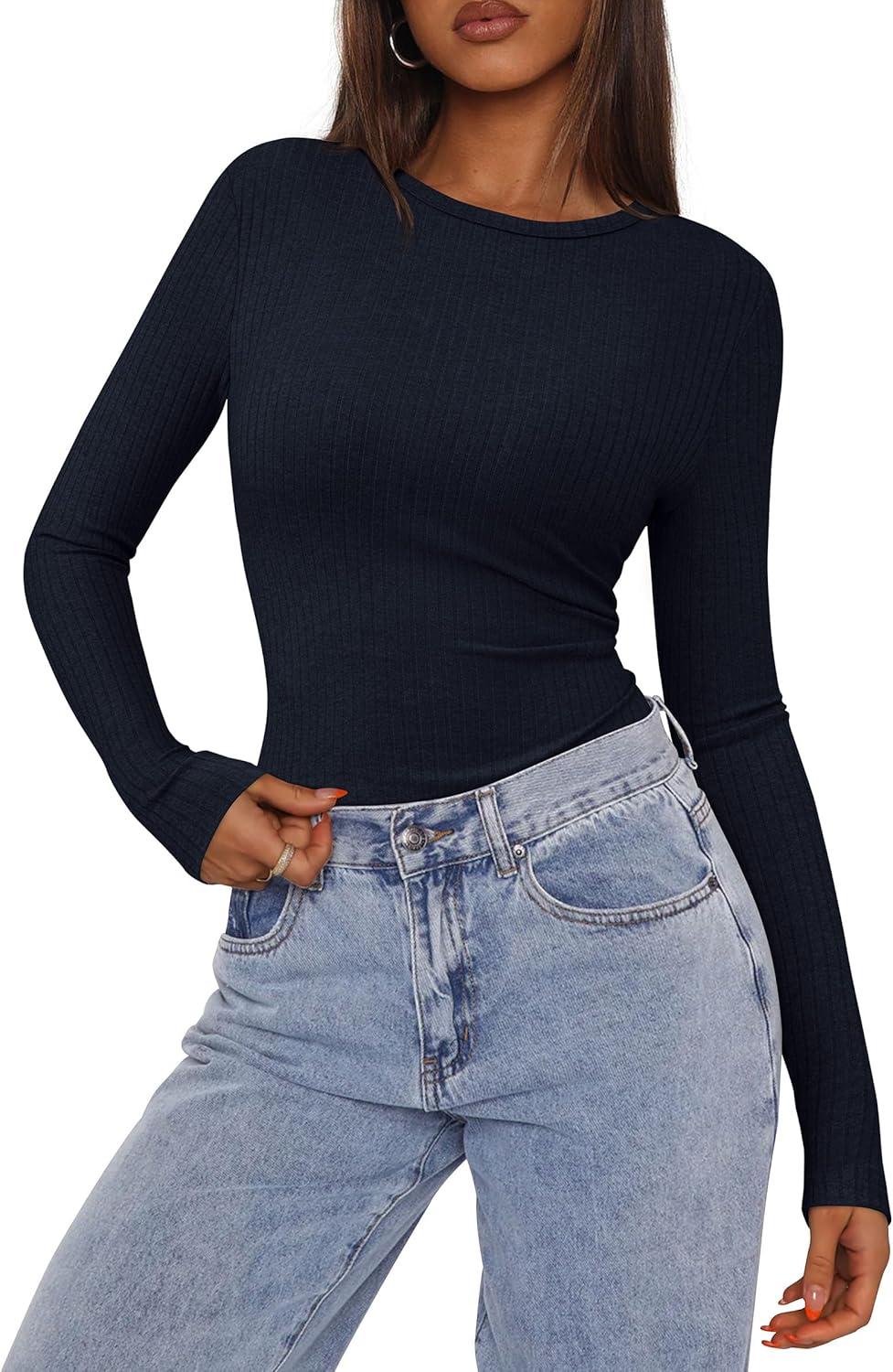 imagePRETTYGARDEN Womens Long Sleeve Shirts 2025 Ribbed Knit Slim Fitted Basic Tee Casual Going Out Tops Underscrubs Fall ClothingNavy Blue