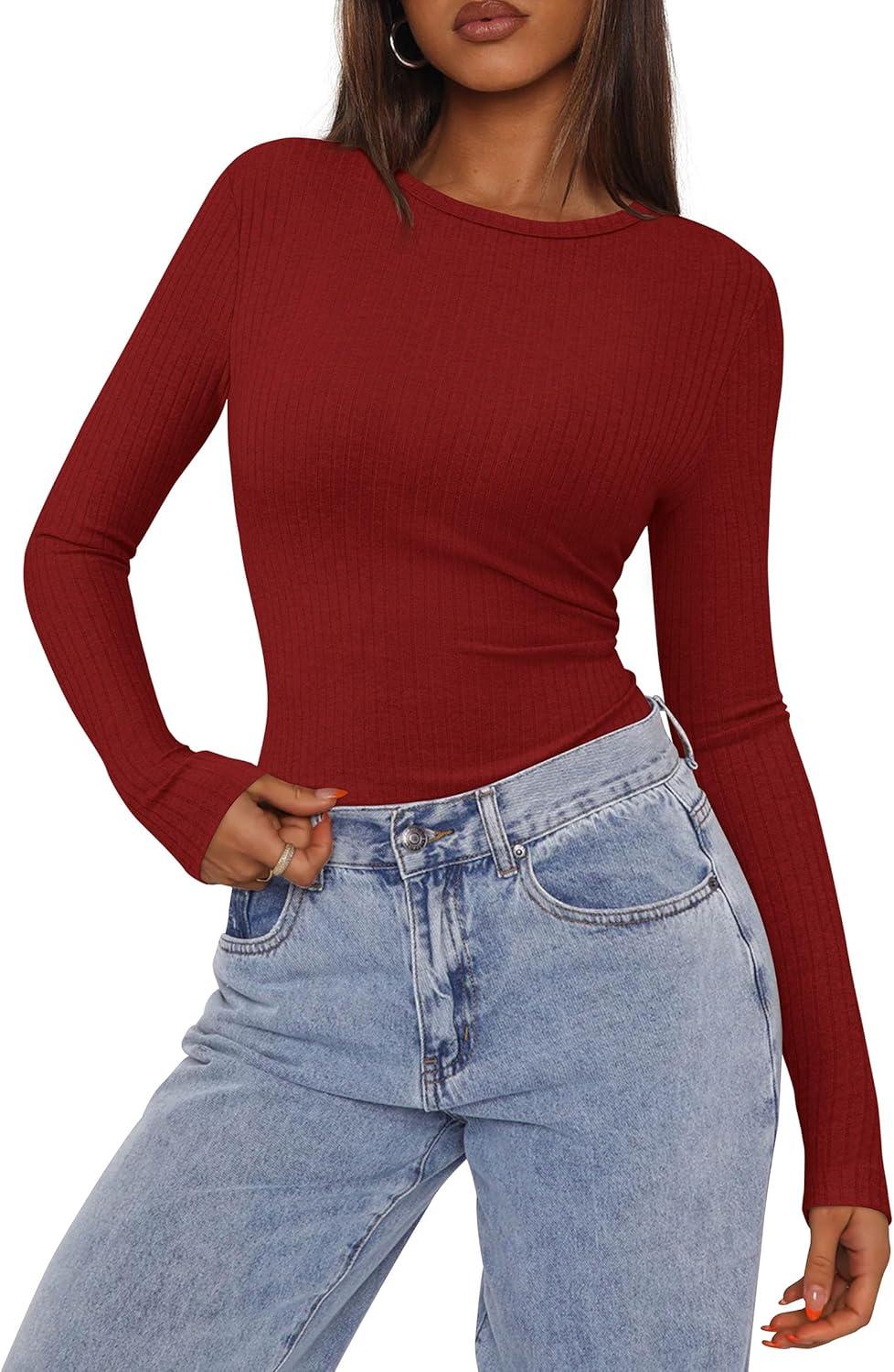 imagePRETTYGARDEN Womens Long Sleeve Shirts 2025 Ribbed Knit Slim Fitted Basic Tee Casual Going Out Tops Underscrubs Fall ClothingRed