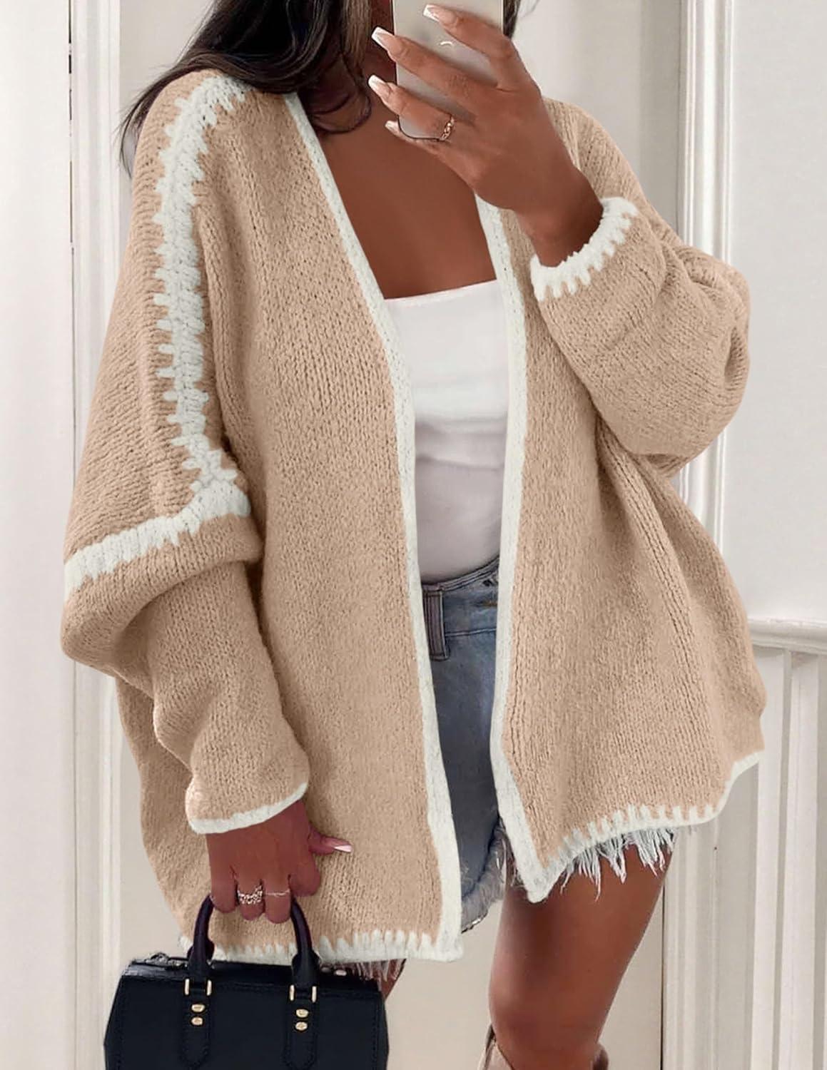 imagePRETTYGARDEN Womens Oversized Cardigan Sweaters 2025 Fall Long Lantern Sleeve Knit Open Front Lightweight SweaterStyle2apricot