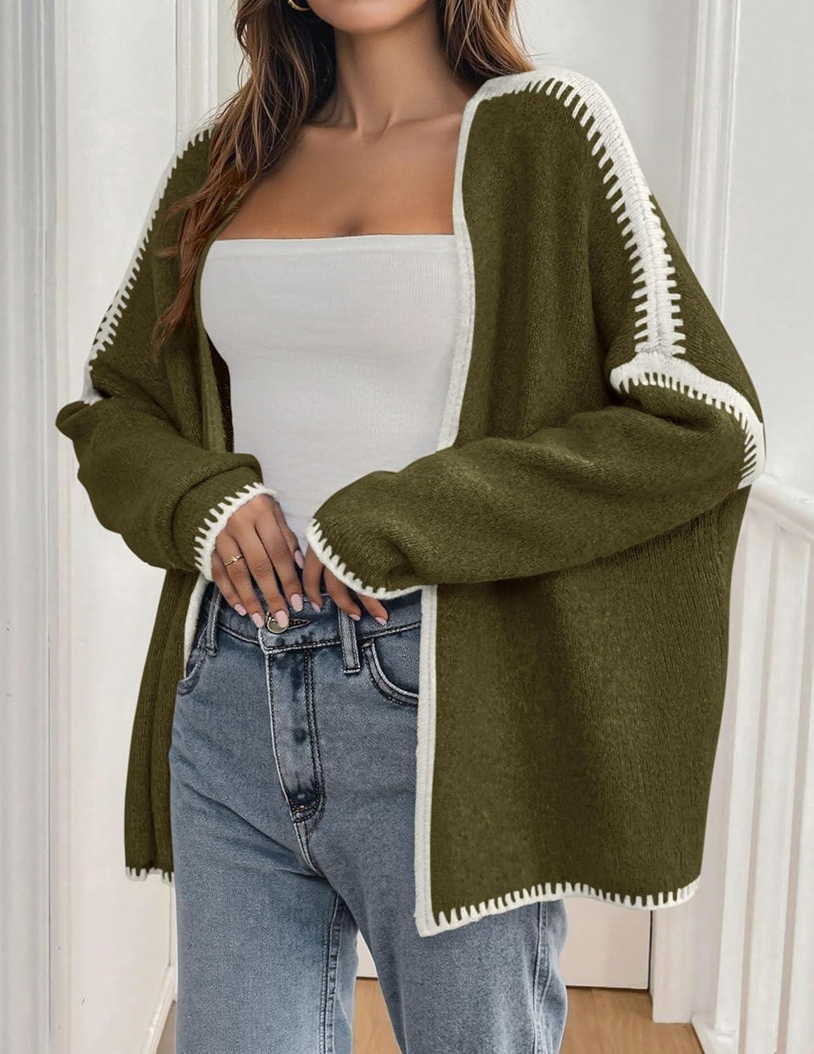 imagePRETTYGARDEN Womens Oversized Cardigan Sweaters 2025 Fall Long Lantern Sleeve Knit Open Front Lightweight SweaterStyle2army Green