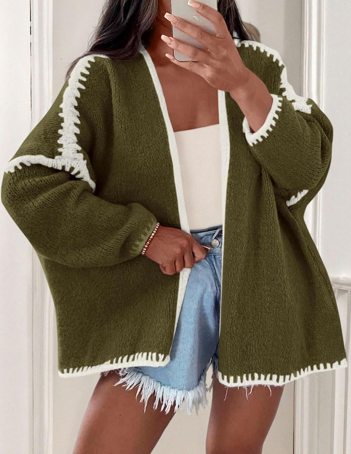 imagePRETTYGARDEN Womens Oversized Cardigan Sweaters 2025 Fall Long Lantern Sleeve Knit Open Front Lightweight SweaterStyle2army Green