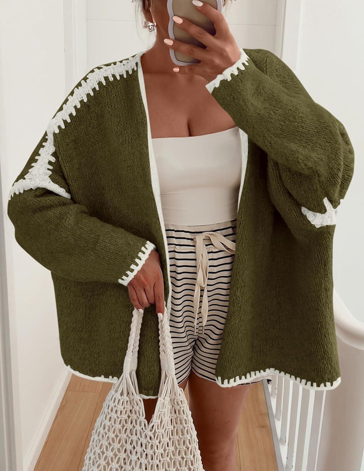 imagePRETTYGARDEN Womens Oversized Cardigan Sweaters 2025 Fall Long Lantern Sleeve Knit Open Front Lightweight SweaterStyle2army Green