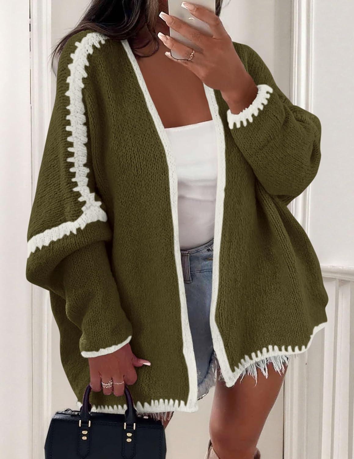 imagePRETTYGARDEN Womens Oversized Cardigan Sweaters 2025 Fall Long Lantern Sleeve Knit Open Front Lightweight SweaterStyle2army Green