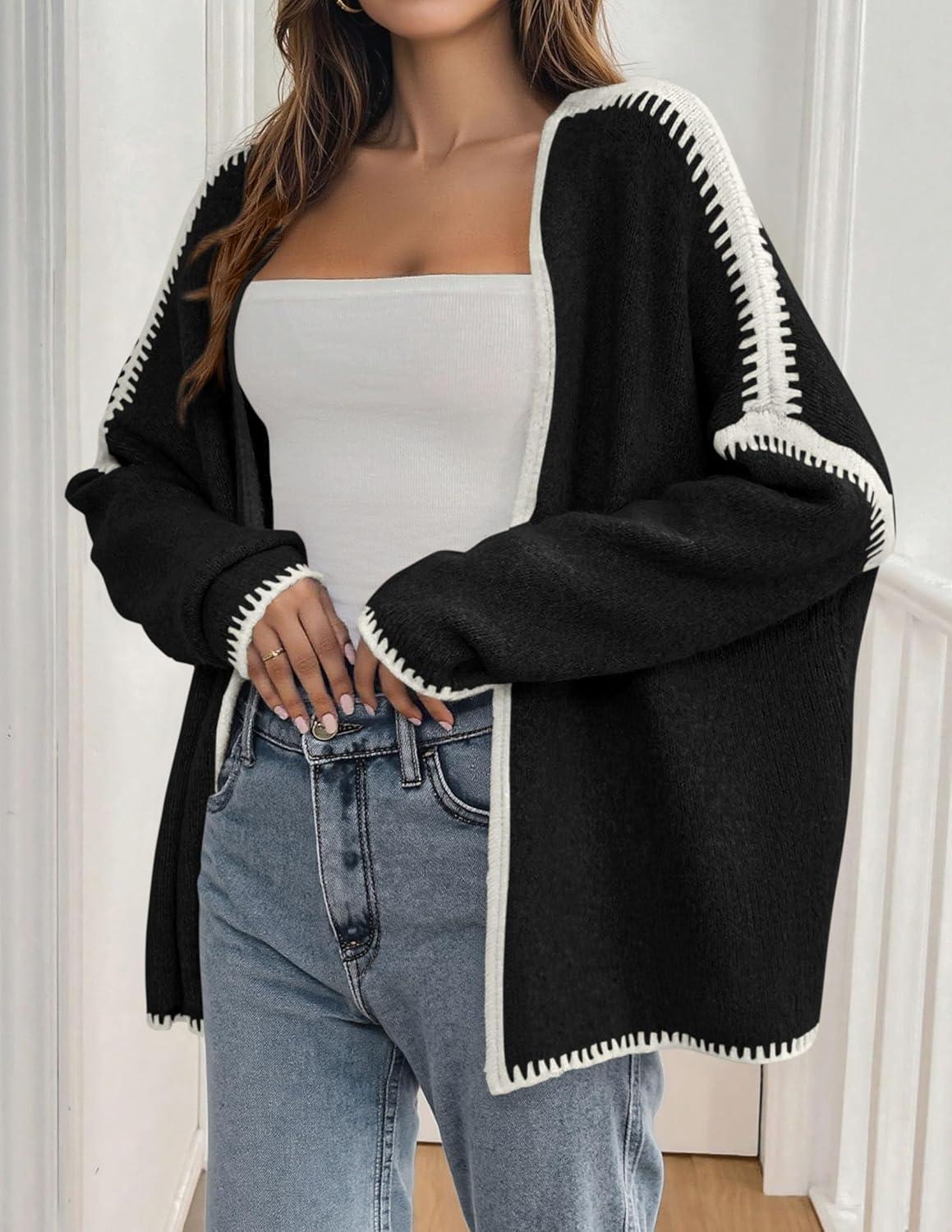 imagePRETTYGARDEN Womens Oversized Cardigan Sweaters 2025 Fall Long Lantern Sleeve Knit Open Front Lightweight SweaterStyle2black