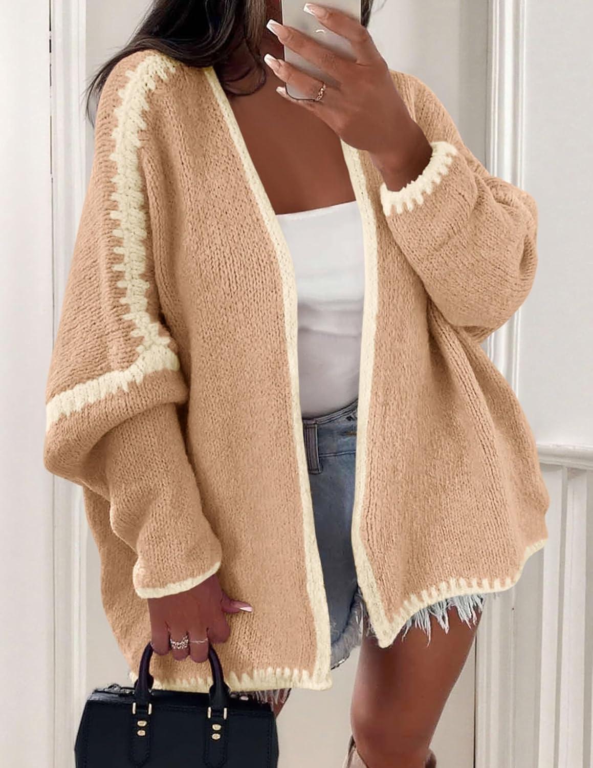 imagePRETTYGARDEN Womens Oversized Cardigan Sweaters 2025 Fall Long Lantern Sleeve Knit Open Front Lightweight SweaterStyle2camel