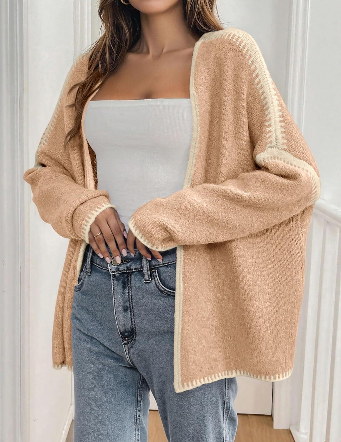 imagePRETTYGARDEN Womens Oversized Cardigan Sweaters 2025 Fall Long Lantern Sleeve Knit Open Front Lightweight SweaterStyle2camel
