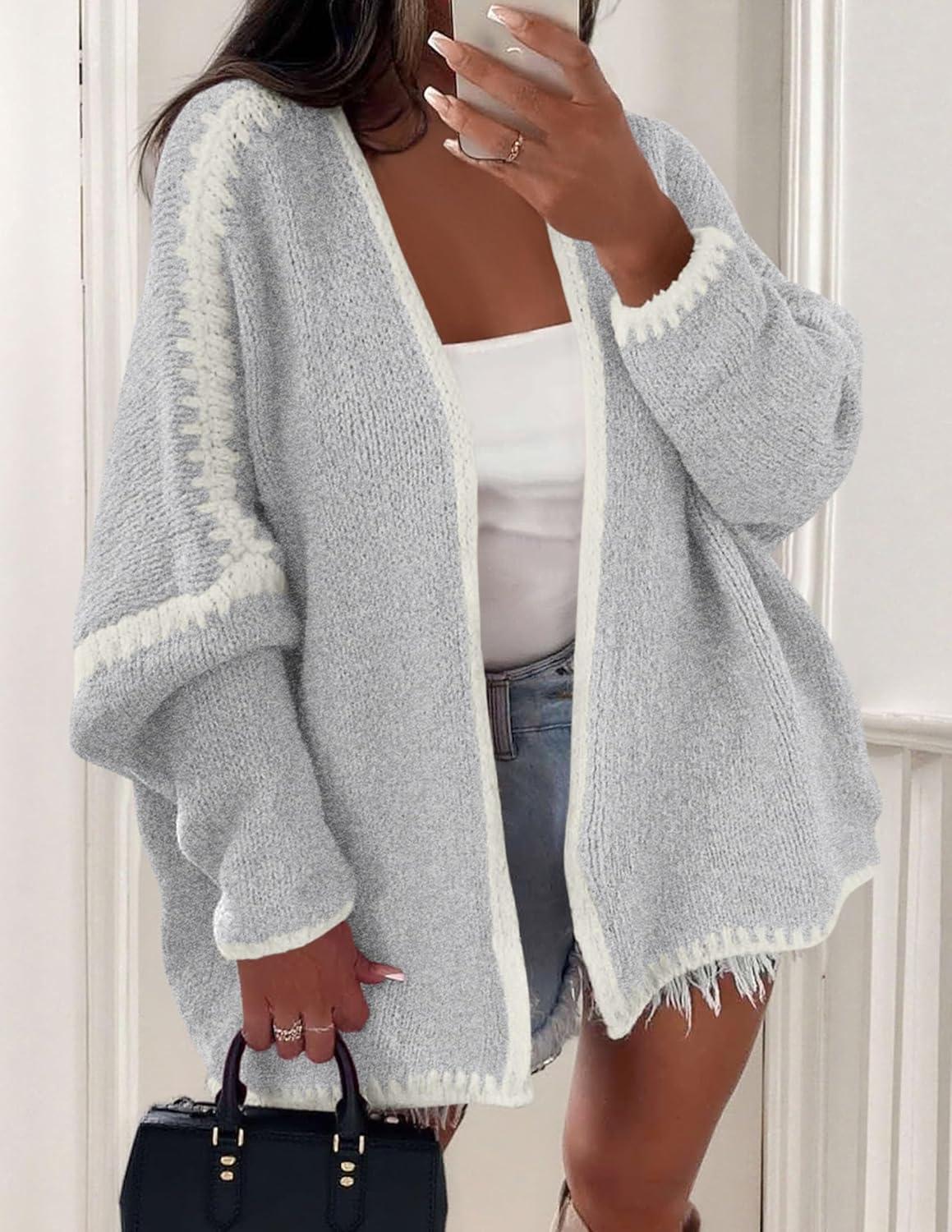 imagePRETTYGARDEN Womens Oversized Cardigan Sweaters 2025 Fall Long Lantern Sleeve Knit Open Front Lightweight SweaterStyle2grey