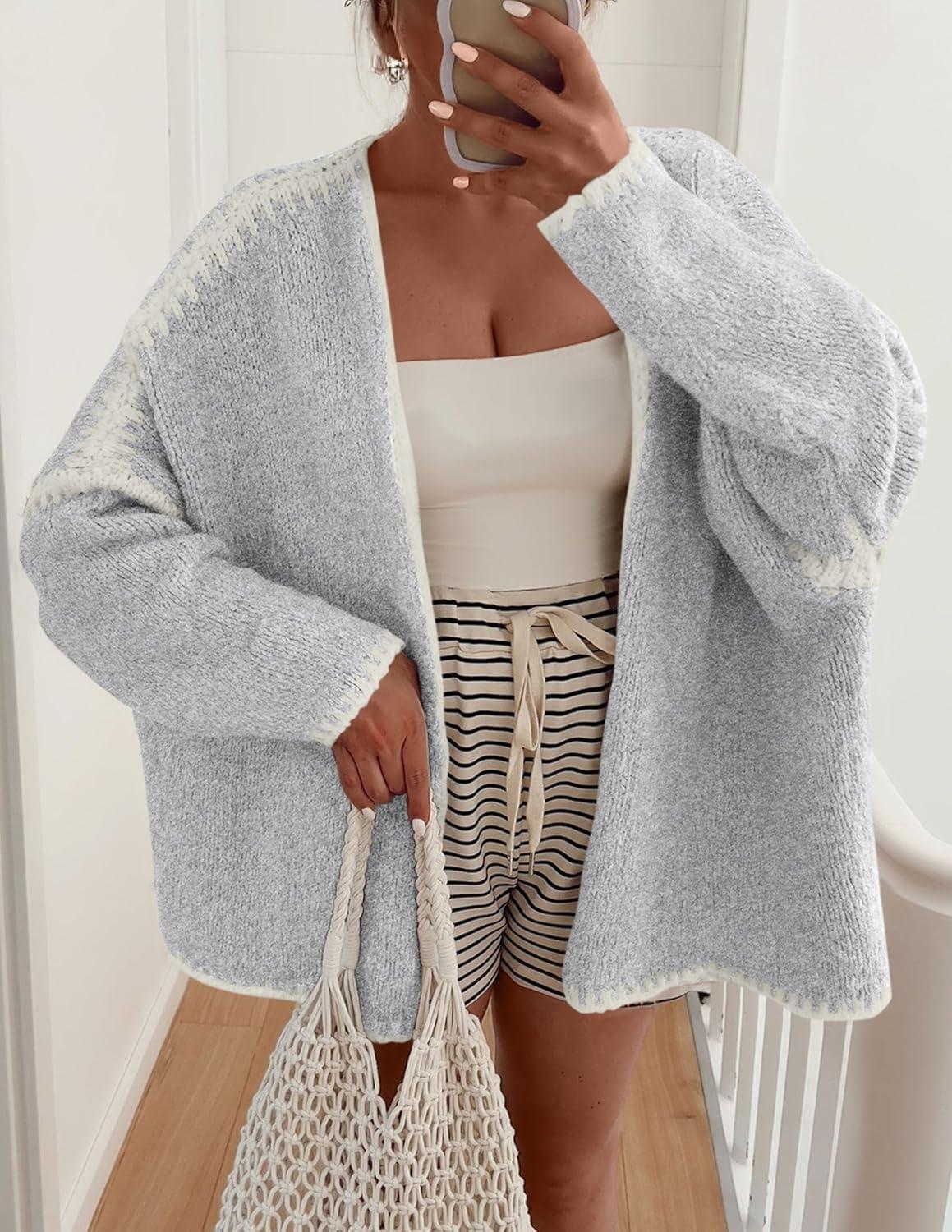 imagePRETTYGARDEN Womens Oversized Cardigan Sweaters 2025 Fall Long Lantern Sleeve Knit Open Front Lightweight SweaterStyle2grey