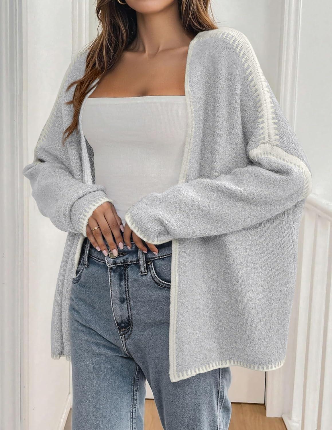 imagePRETTYGARDEN Womens Oversized Cardigan Sweaters 2025 Fall Long Lantern Sleeve Knit Open Front Lightweight SweaterStyle2grey