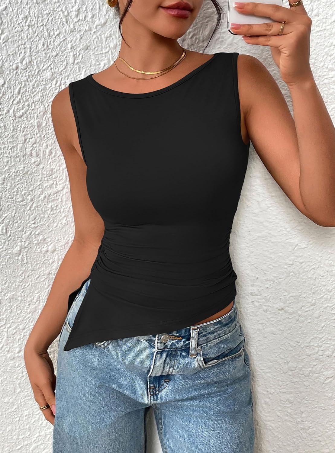 imagePRETTYGARDEN Womens Ruched Tank Tops 2025 Summer Sleeveless Slim Fit T Shirts Blouses Going Out Y2K Fashion ClothesBlack
