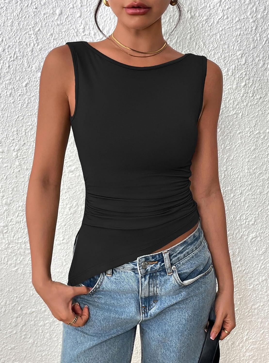 imagePRETTYGARDEN Womens Ruched Tank Tops 2025 Summer Sleeveless Slim Fit T Shirts Blouses Going Out Y2K Fashion ClothesBlack