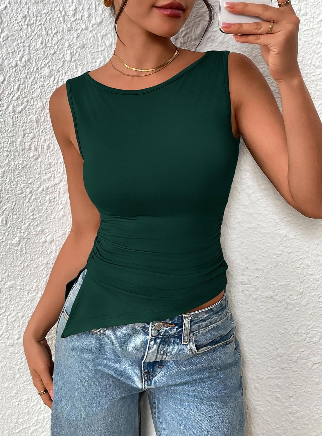imagePRETTYGARDEN Womens Ruched Tank Tops 2025 Summer Sleeveless Slim Fit T Shirts Blouses Going Out Y2K Fashion ClothesDark Green