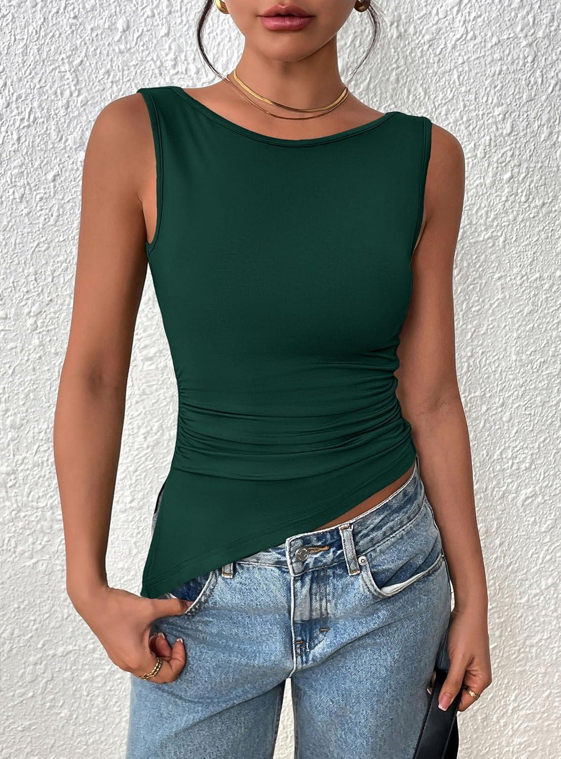 imagePRETTYGARDEN Womens Ruched Tank Tops 2025 Summer Sleeveless Slim Fit T Shirts Blouses Going Out Y2K Fashion ClothesDark Green