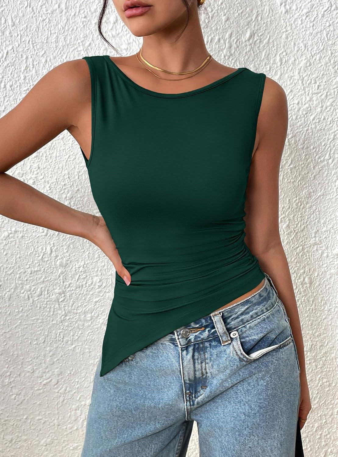 imagePRETTYGARDEN Womens Ruched Tank Tops 2025 Summer Sleeveless Slim Fit T Shirts Blouses Going Out Y2K Fashion ClothesDark Green
