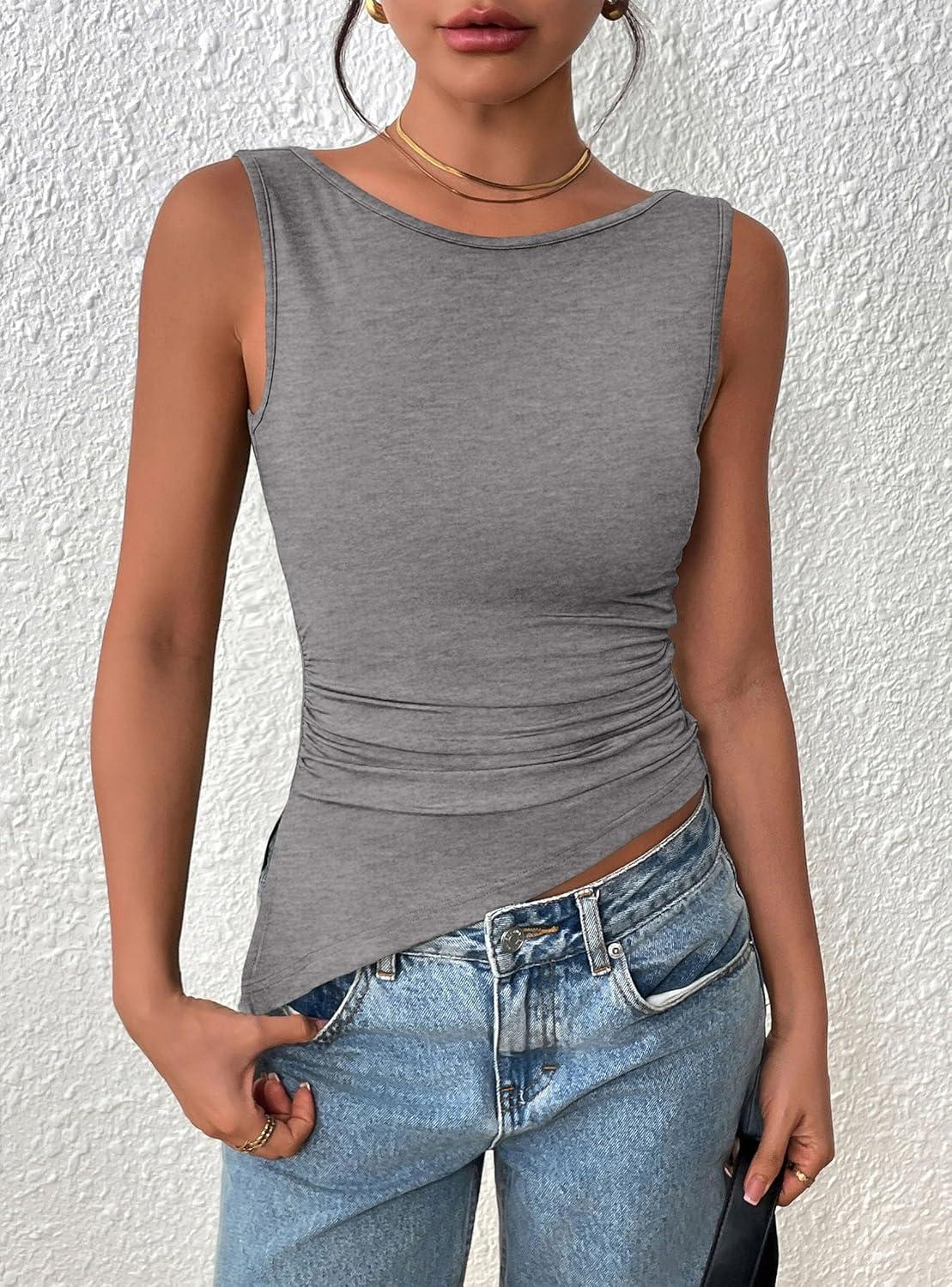 imagePRETTYGARDEN Womens Ruched Tank Tops 2025 Summer Sleeveless Slim Fit T Shirts Blouses Going Out Y2K Fashion ClothesGrey
