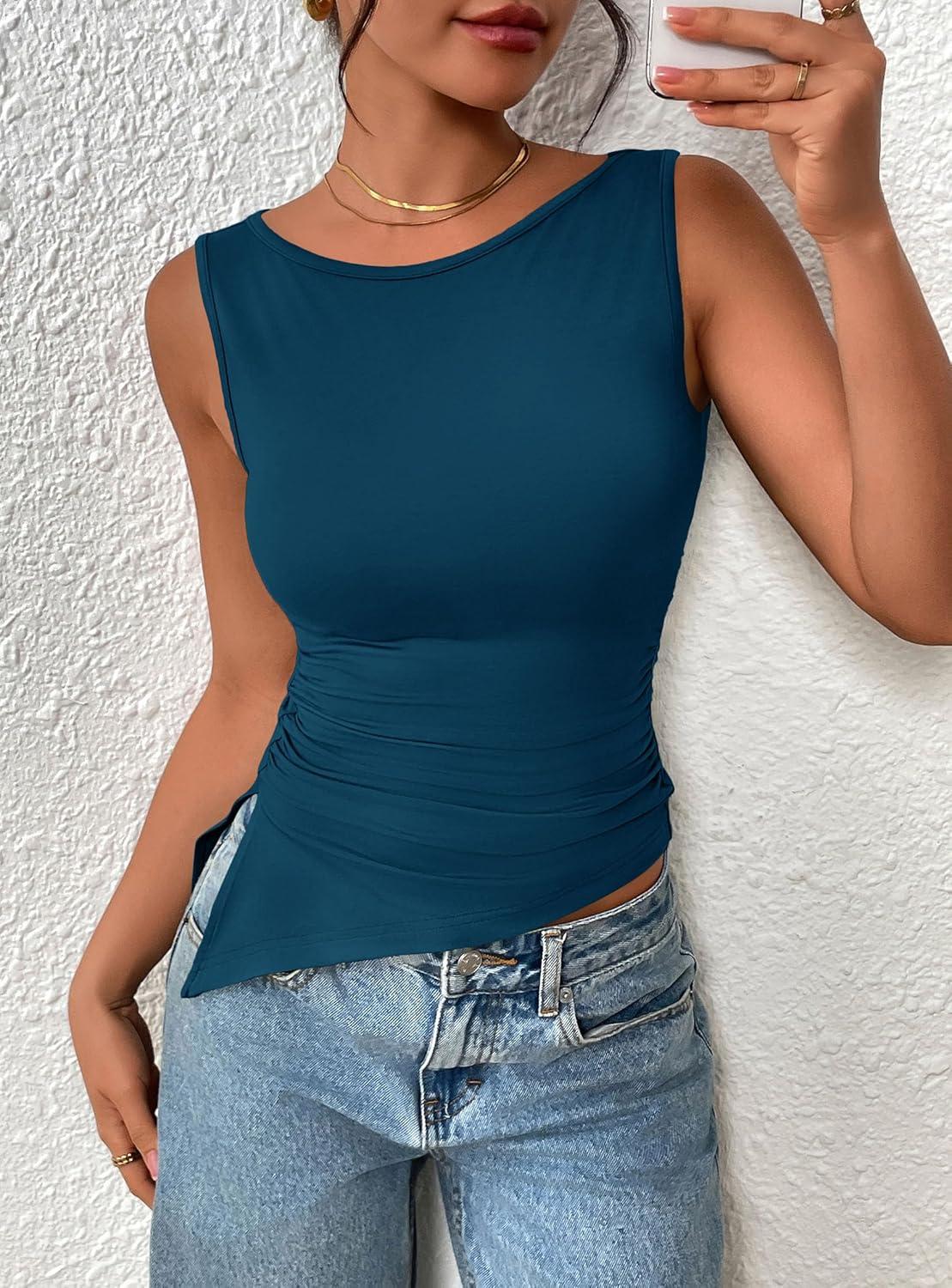 imagePRETTYGARDEN Womens Ruched Tank Tops 2025 Summer Sleeveless Slim Fit T Shirts Blouses Going Out Y2K Fashion ClothesPeacock Blue