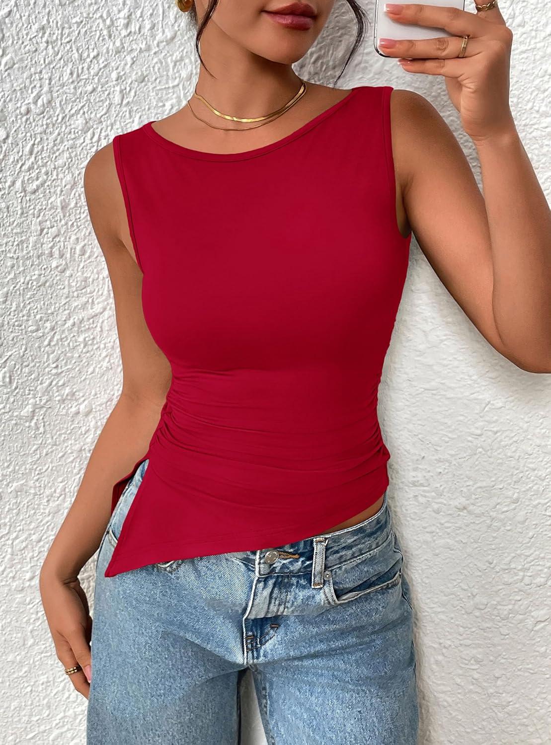 imagePRETTYGARDEN Womens Ruched Tank Tops 2025 Summer Sleeveless Slim Fit T Shirts Blouses Going Out Y2K Fashion ClothesRed