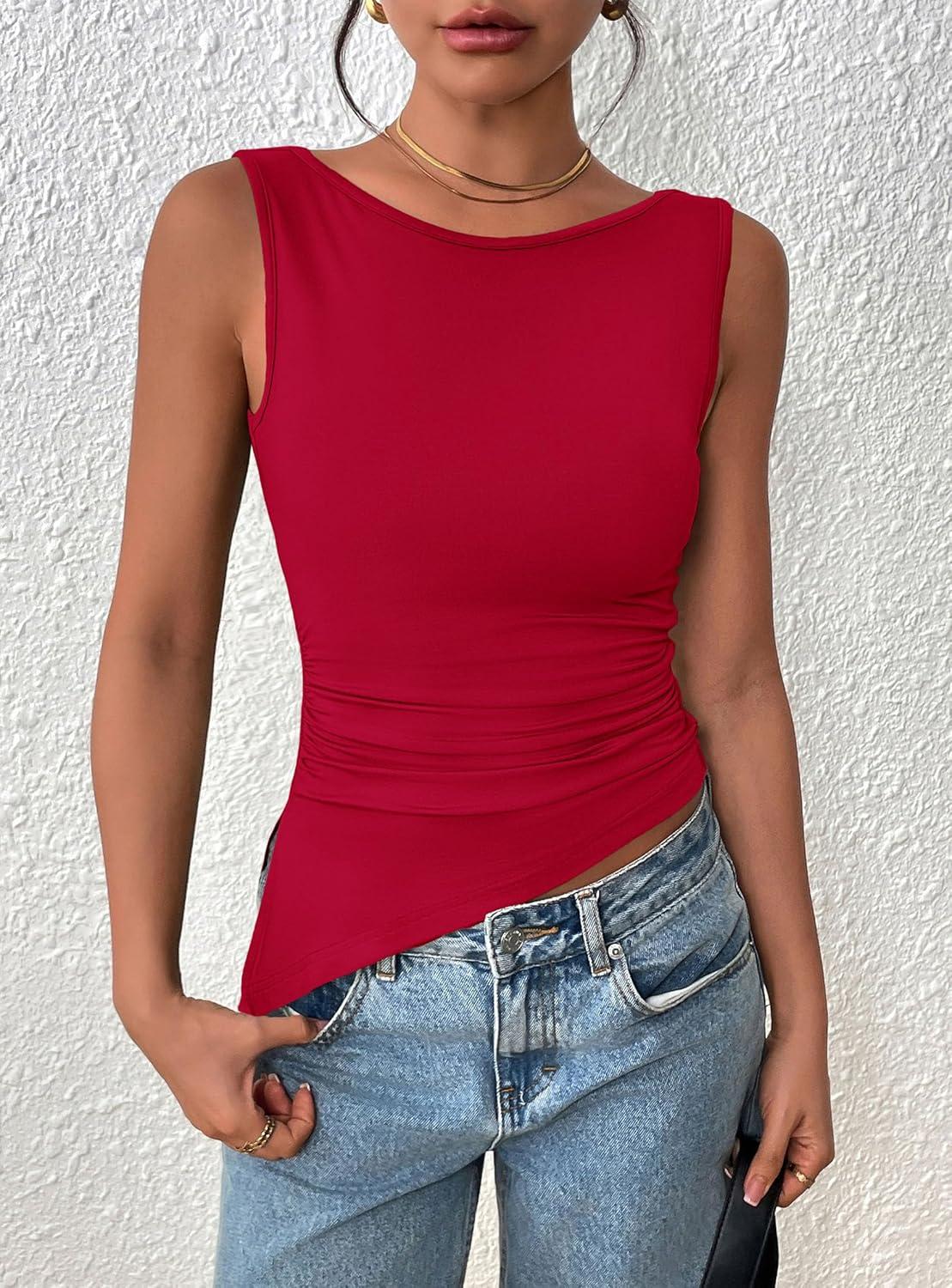 imagePRETTYGARDEN Womens Ruched Tank Tops 2025 Summer Sleeveless Slim Fit T Shirts Blouses Going Out Y2K Fashion ClothesRed