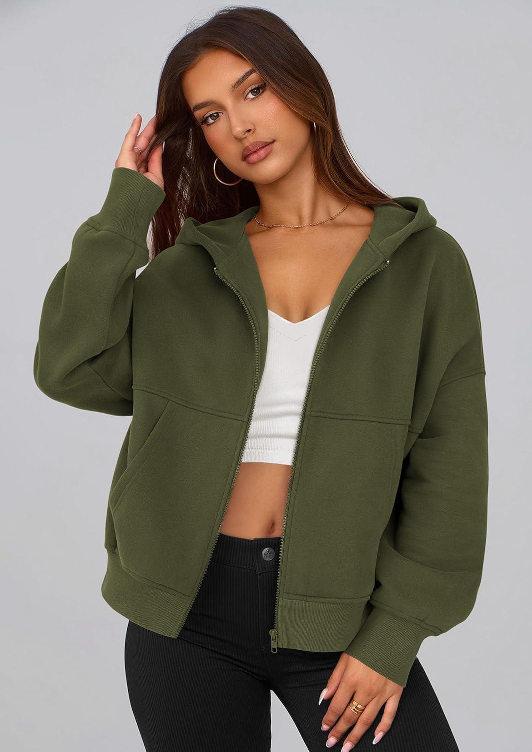 imagePRETTYGARDEN Womens Zip Up Y2K Hoodies 2025 Fall Fashion Long Sleeve Hooded Fleece Sweatshirts Casual Jacket Winter ClothesArmy Green