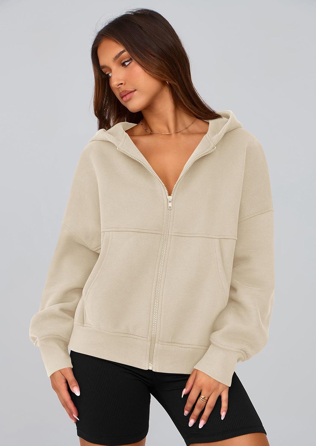 imagePRETTYGARDEN Womens Zip Up Y2K Hoodies 2025 Fall Fashion Long Sleeve Hooded Fleece Sweatshirts Casual Jacket Winter ClothesBeige