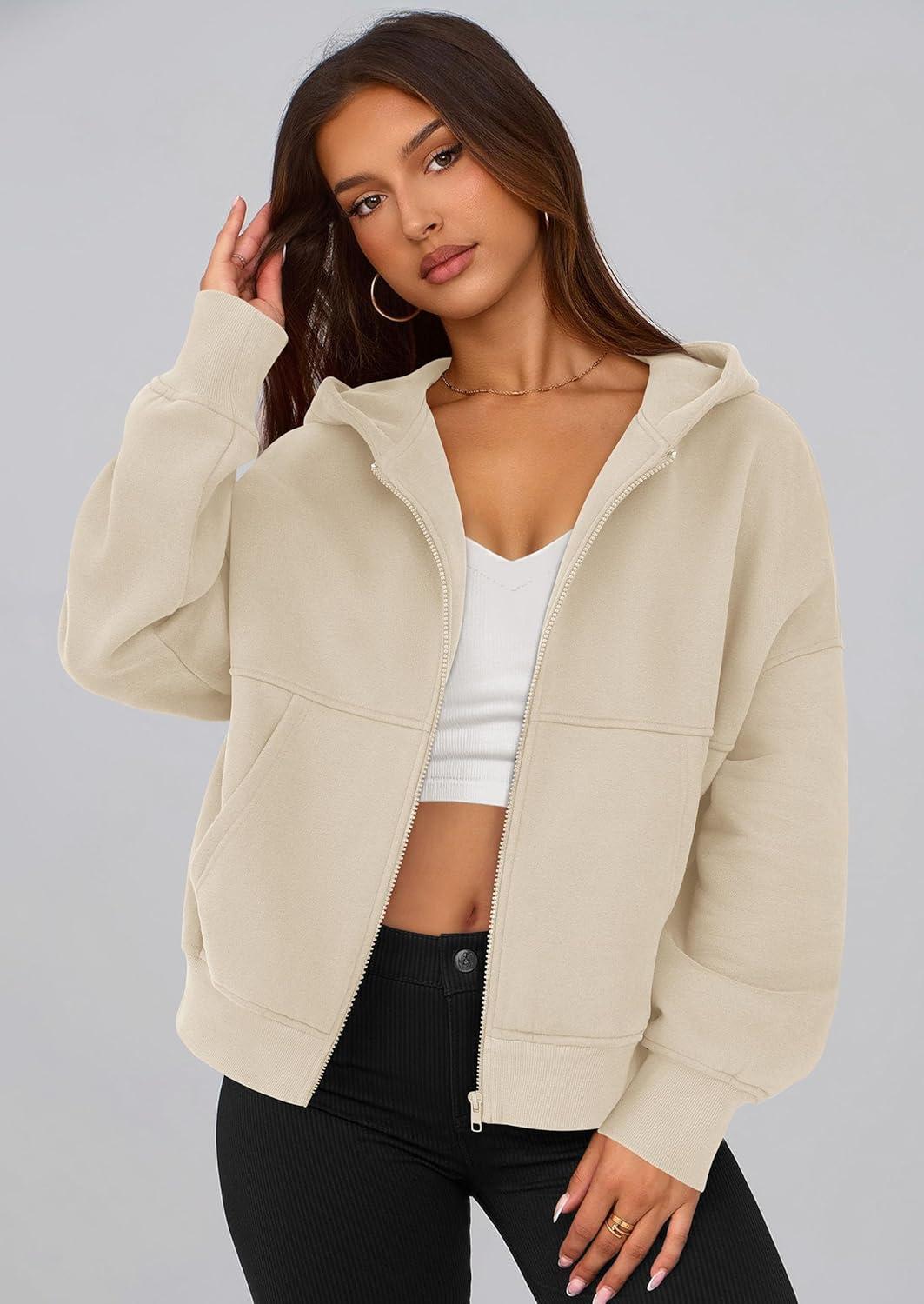 imagePRETTYGARDEN Womens Zip Up Y2K Hoodies 2025 Fall Fashion Long Sleeve Hooded Fleece Sweatshirts Casual Jacket Winter ClothesBeige