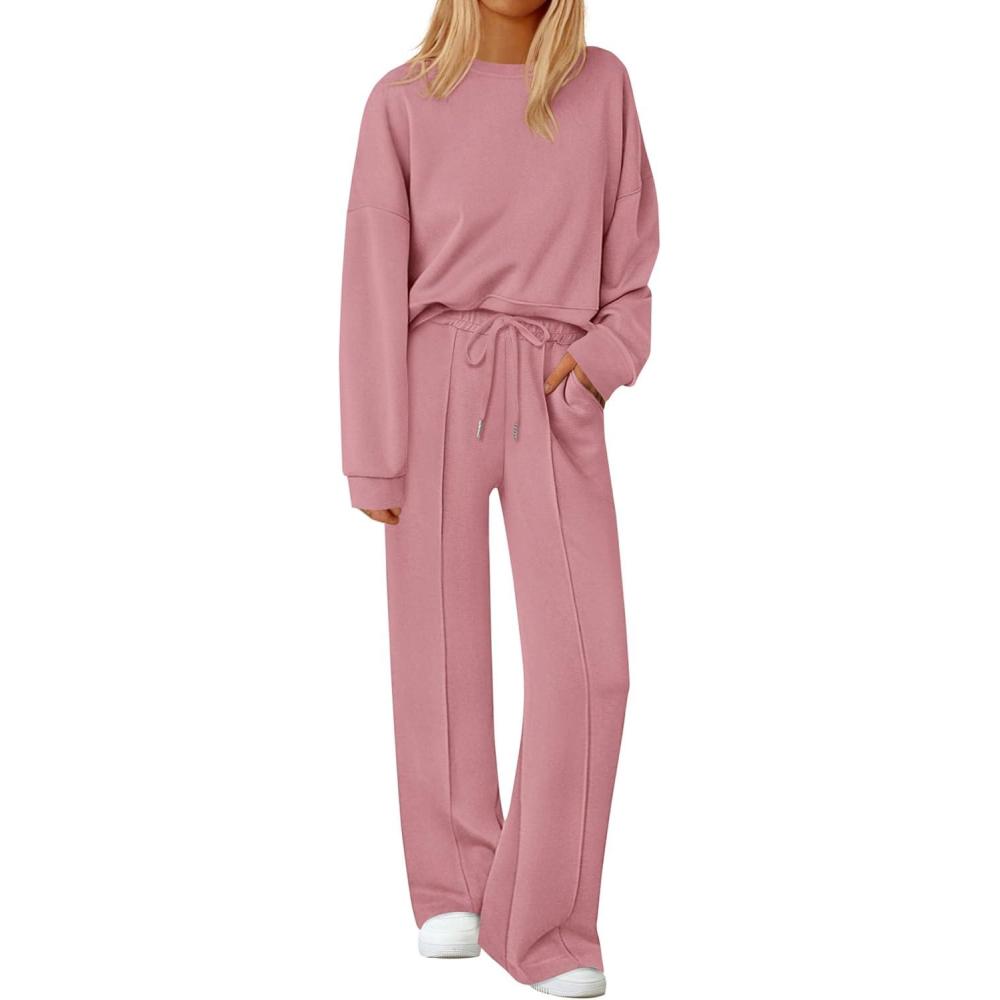 imagePRETTYGARDEN 2 Piece Sets For Women Fall Trendy Long Sleeve Sweatshirt Wide Leg Pants Loungewear Set Matching SweatsuitPink