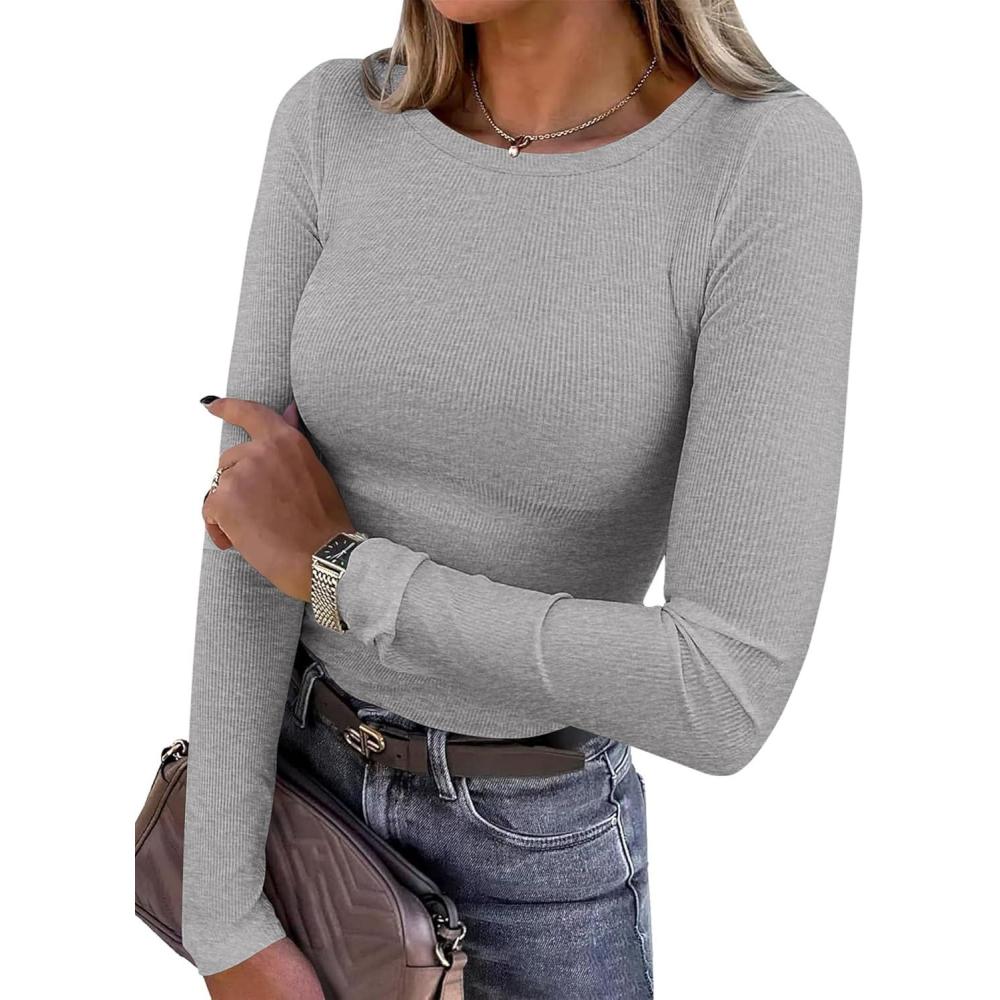imagePRETTYGARDEN Women 2025 Fall Clothes Long Sleeve Shirts Ribbed Knit Fitted Basic Tee Going Out Tops Underscrub Casual OutfitsGrey