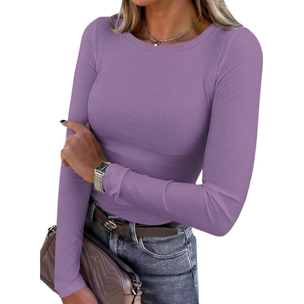 imagePRETTYGARDEN Women 2025 Fall Clothes Long Sleeve Shirts Ribbed Knit Fitted Basic Tee Going Out Tops Underscrub Casual OutfitsPurple