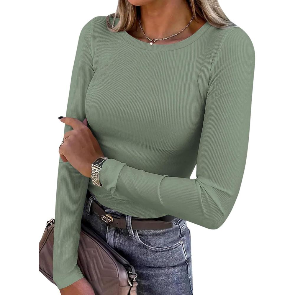 imagePRETTYGARDEN Women 2025 Fall Clothes Long Sleeve Shirts Ribbed Knit Fitted Basic Tee Going Out Tops Underscrub Casual OutfitsSage Green