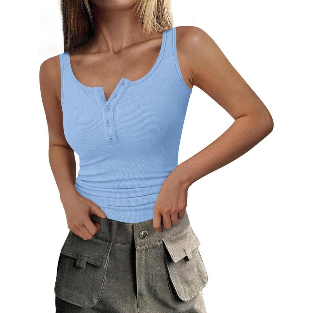 imagePRETTYGARDEN Womens 2025 Summer Tank Tops Ribbed Knit Slim Fit Sleeveless Henley Shirts Casual Basic Button Up BlouseLight Blue
