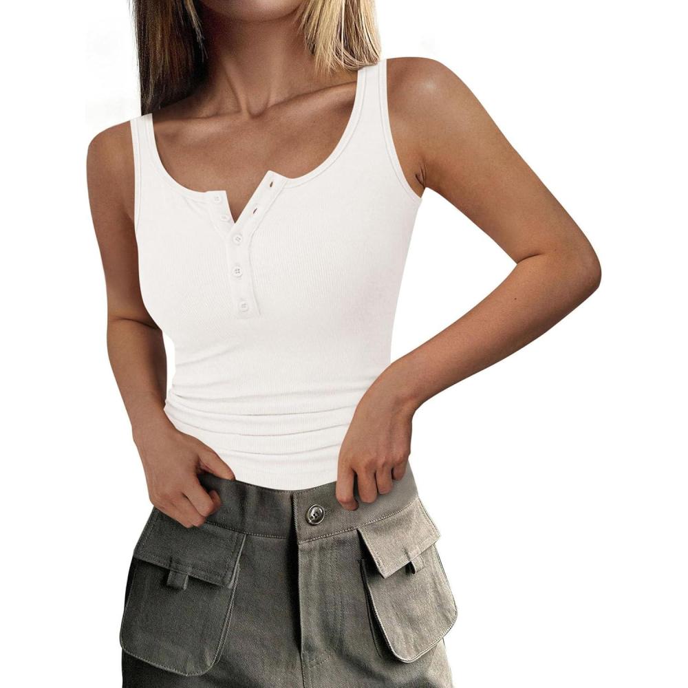 imagePRETTYGARDEN Womens 2025 Summer Tank Tops Ribbed Knit Slim Fit Sleeveless Henley Shirts Casual Basic Button Up BlouseWhite