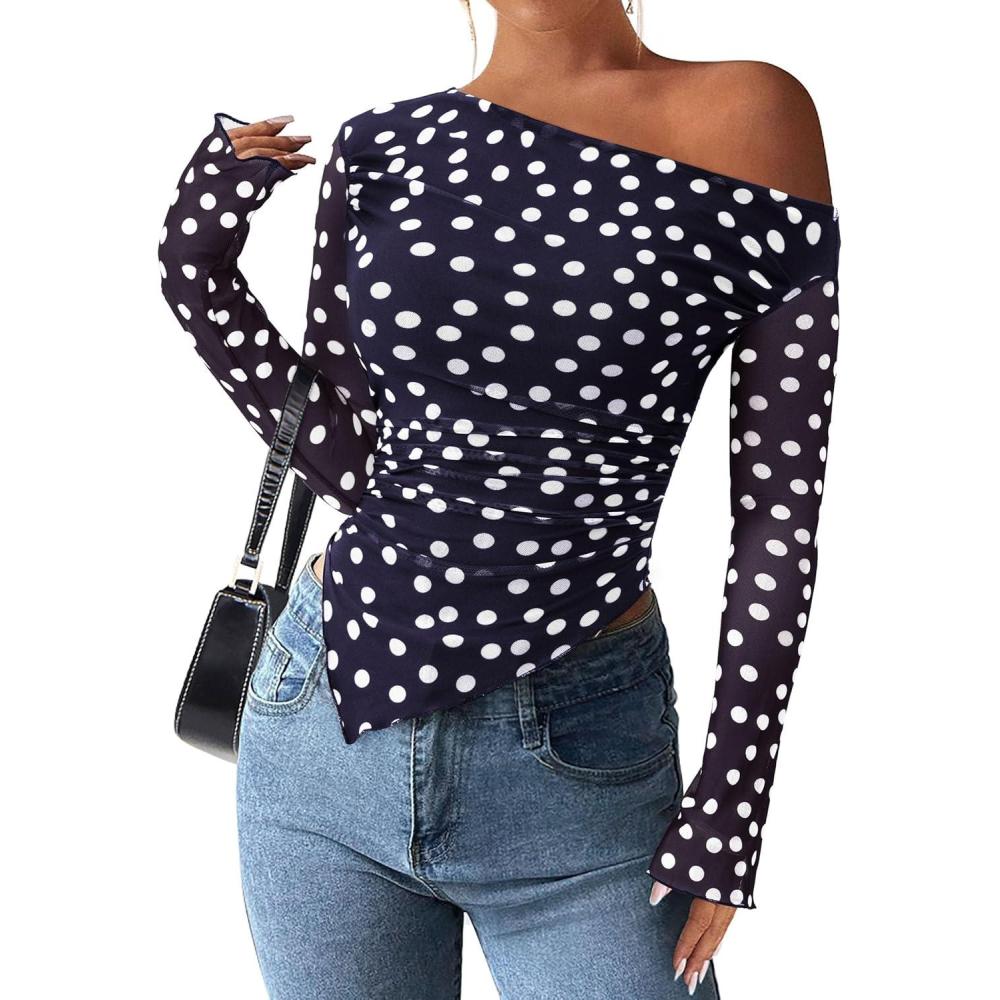 imagePRETTYGARDEN Womens Fall Trendy Off Shoulder Y2k Tops 2025 Tie Dye Mesh Long Sleeve Shirts Asymmetrical Ruched Floral BlouseDot Navy Blue White