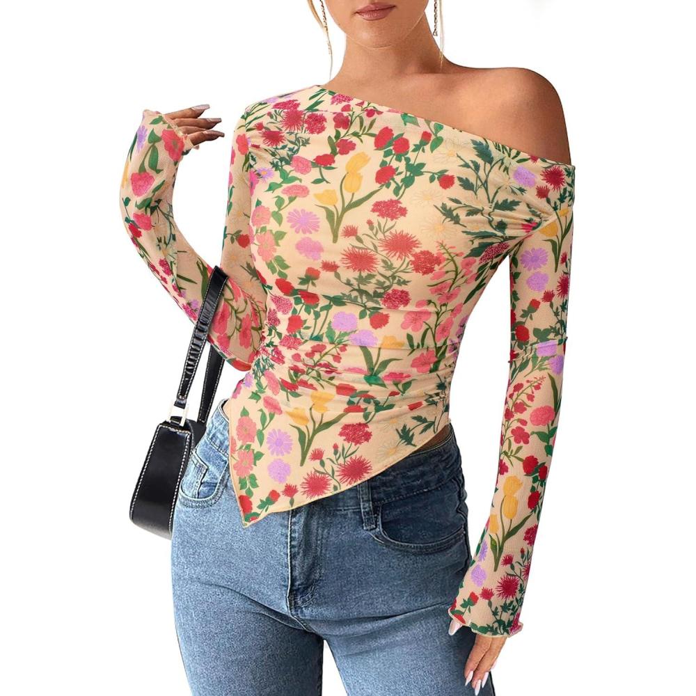 imagePRETTYGARDEN Womens Fall Trendy Off Shoulder Y2k Tops 2025 Tie Dye Mesh Long Sleeve Shirts Asymmetrical Ruched Floral BlouseFloral Apricot Multi