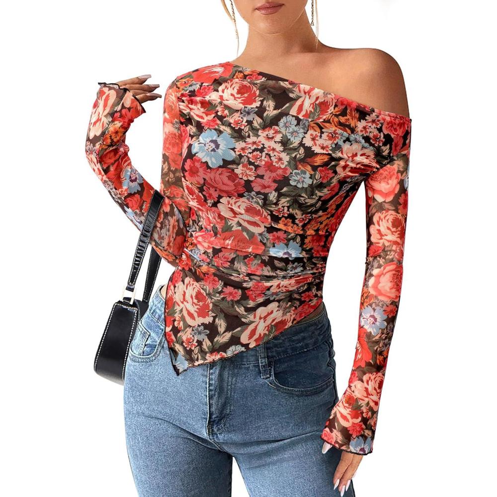 imagePRETTYGARDEN Womens Fall Trendy Off Shoulder Y2k Tops 2025 Tie Dye Mesh Long Sleeve Shirts Asymmetrical Ruched Floral BlouseFloral Black Multicolored