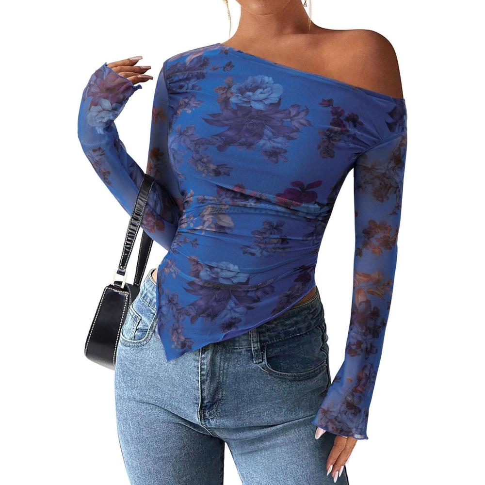 imagePRETTYGARDEN Womens Fall Trendy Off Shoulder Y2k Tops 2025 Tie Dye Mesh Long Sleeve Shirts Asymmetrical Ruched Floral BlouseFloral Blue