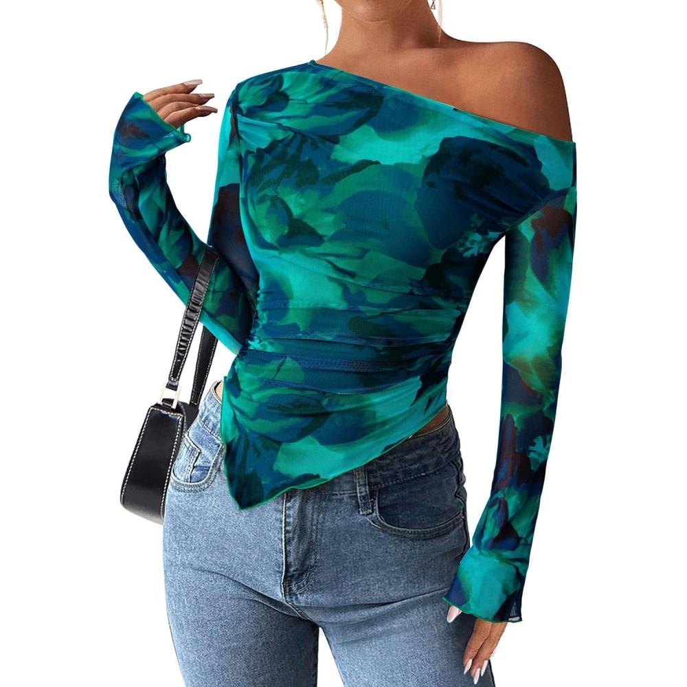 imagePRETTYGARDEN Womens Fall Trendy Off Shoulder Y2k Tops 2025 Tie Dye Mesh Long Sleeve Shirts Asymmetrical Ruched Floral BlouseFloral Lake Blue