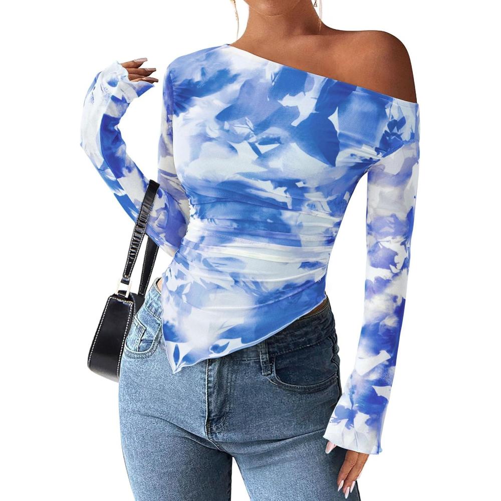 imagePRETTYGARDEN Womens Fall Trendy Off Shoulder Y2k Tops 2025 Tie Dye Mesh Long Sleeve Shirts Asymmetrical Ruched Floral BlouseFloral Light Blue